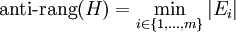 \operatorname{anti-rang}(H) = \min_{i \in\{1,\ldots,m\}} |E_i|